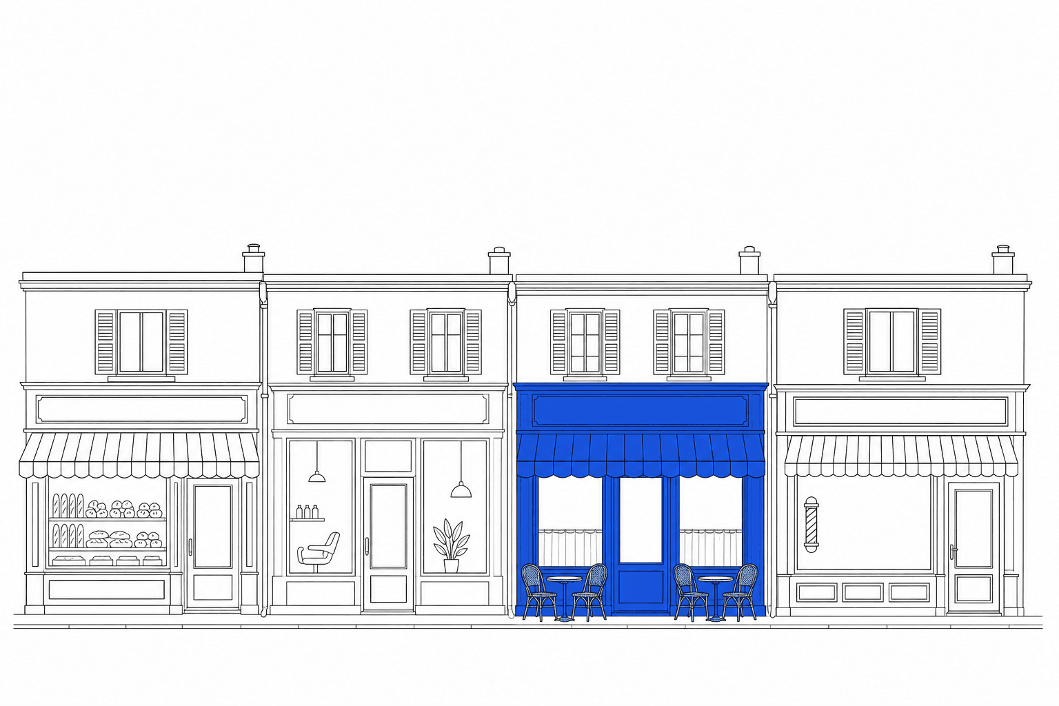 Quatre commerces voisins d'une même rue, dessinés au trait, dont un seul est en bleu.